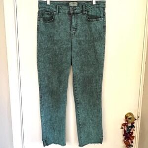 QVC LOGO TEAL GREEN ACID WASH MID RISE STRAIGHT CROPPED FRAYED JEANS SIZE 10